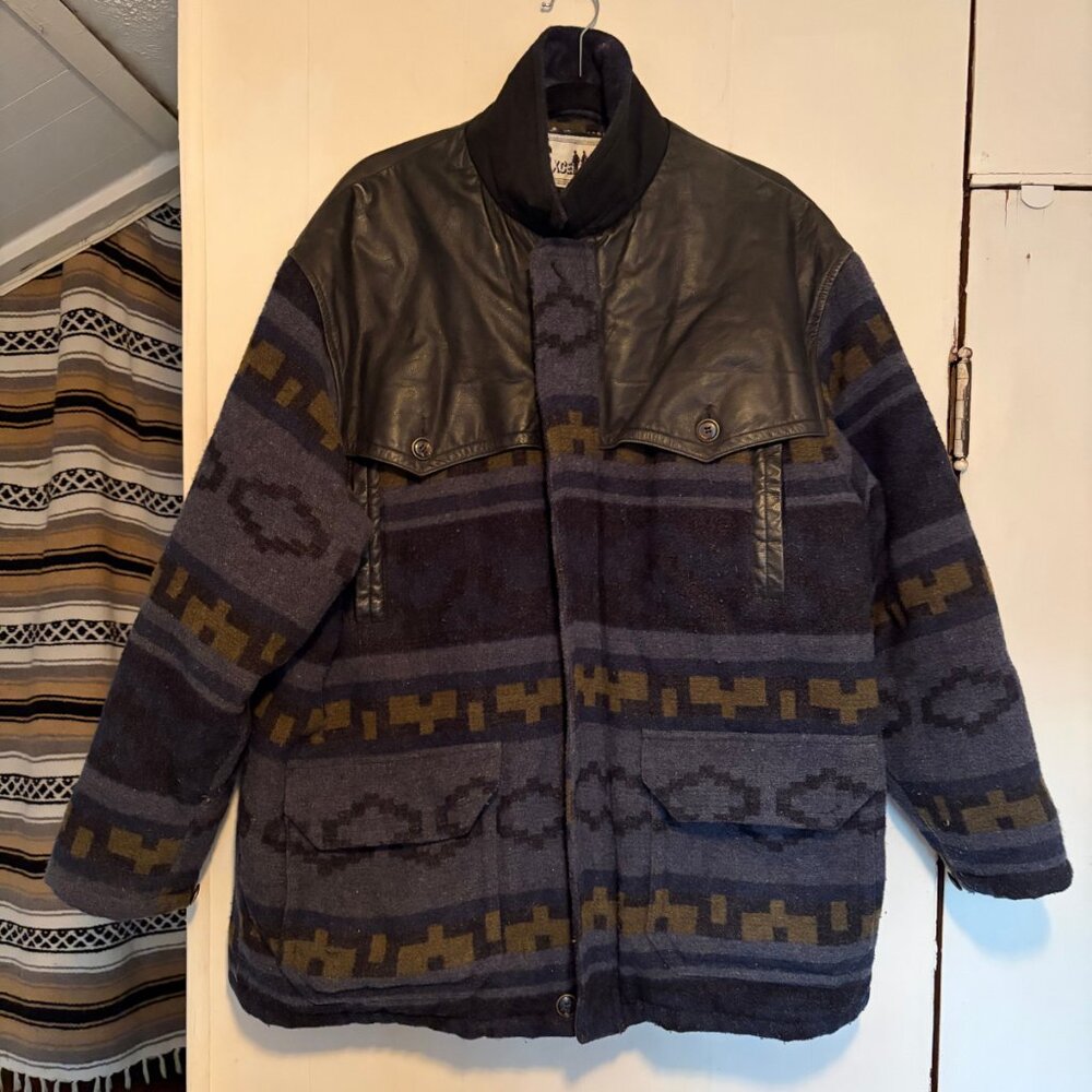 Heavy vintage 80s western wool blend winter coat genuine leather trim size XL